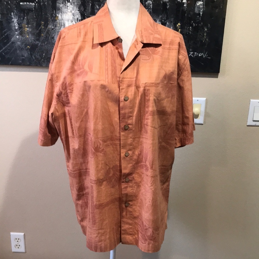 Batik Bay Floral Orange Button Down Shirt Hawaiian Print-Size L